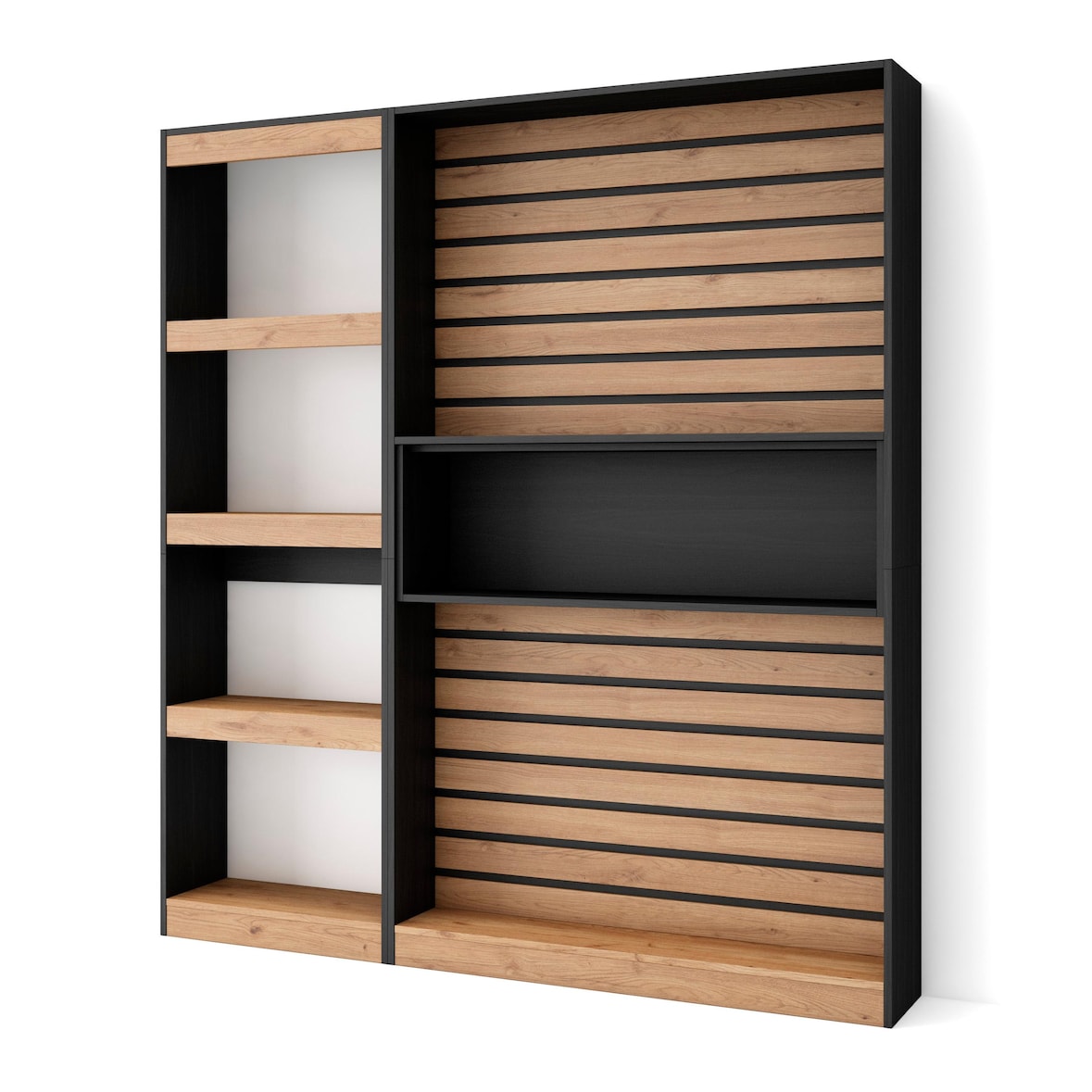 Bücherregal, Holzregal, 170x25x186cm, Wohnzimmer - Büro, Für Bücher, Moderner Stil, Eiche und Schwarz _ 82_3