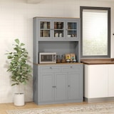 thumbnail of HOMCOM alacena de cocina, con 3 puertas de vidrio, encimera abierta para microondas, 2 cajones y estantes ajustables, 100x40x180 cm, gris