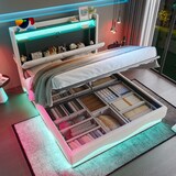 thumbnail of Polsterbett 160x200 mit LED, USB-Anschlüssen und Stauraum im Kopfteil – multifunktionales Design in Beige, Samtbezug