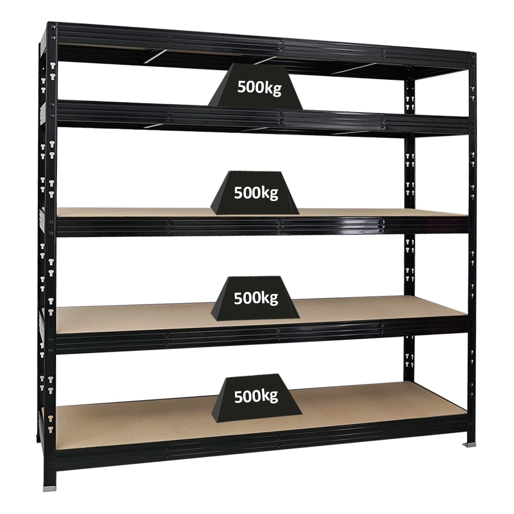 PROREGAL Étagère charge lourde RHINO | HxLxP 180x200x60cm | 5 niveaux en aggloméré 8mm | 500kg par niveau | Noir | Étagère de garage