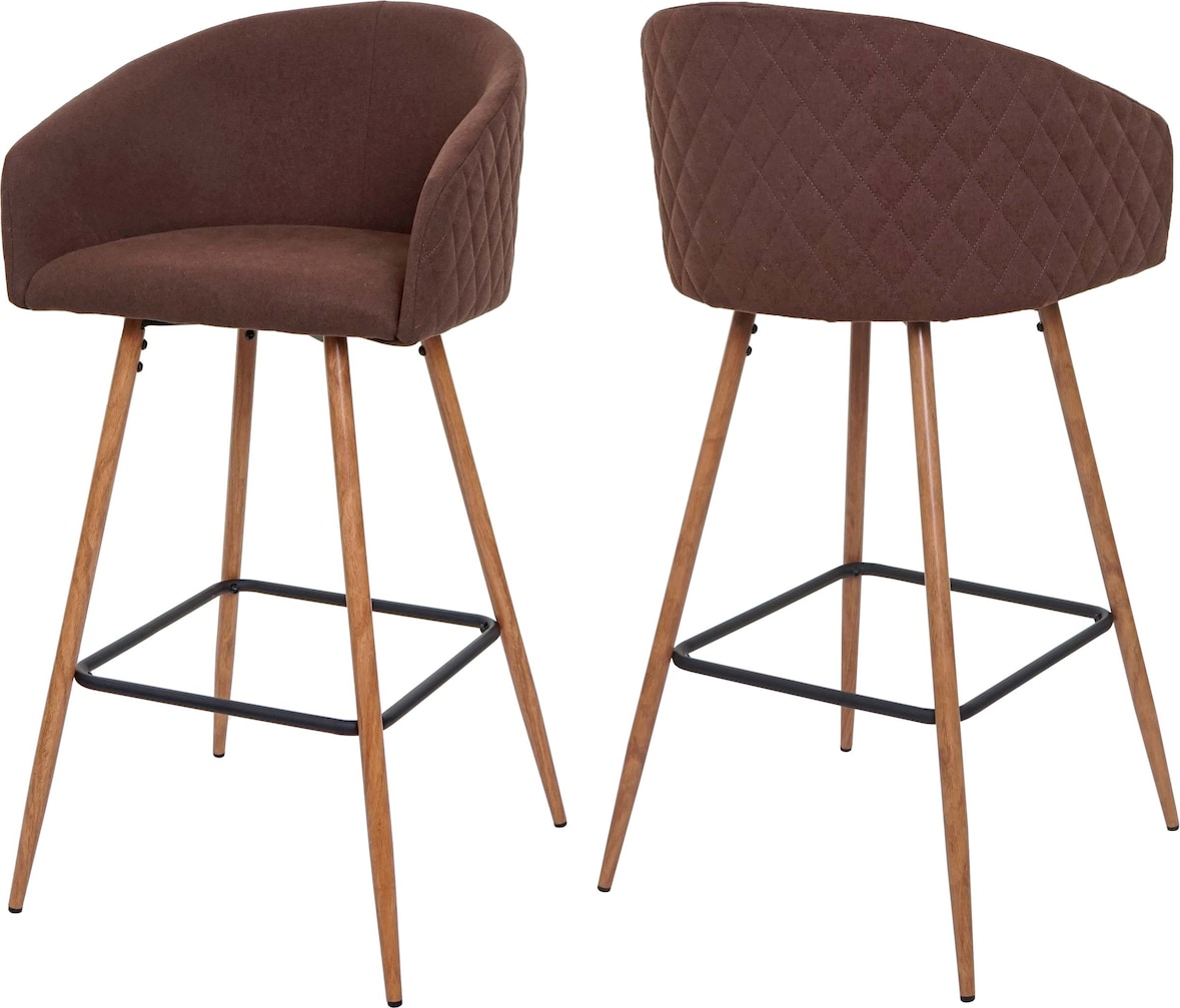 2er-Set Barhocker HWC-D72, Barstuhl Tresenhocker Küchenhocker mit Lehne, Metall Holzoptik ~ Stoff/Textil, braun