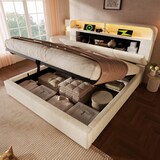 thumbnail of Polsterbett 180x200 cm mit höhenverstellbarem Stauraum-Kopfteil, LED-Beleuchtung & USB/Type-C-Anschluss, Beige
