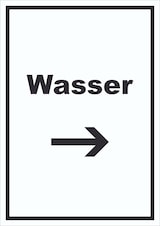 thumbnail of Wasser Schild mit Text und Richtungspfeil rechts Anschluss hochkant A2 Rückseite selbstklebend