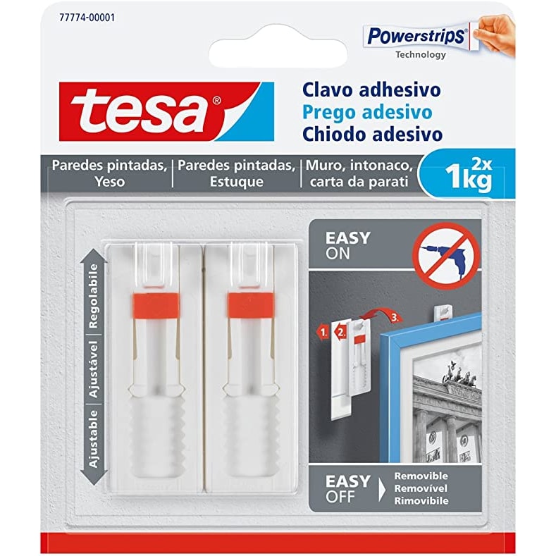 Pack 8 retractils de 2 clavo adhesivo ajustable TESA hasta 1kg para pared lisa