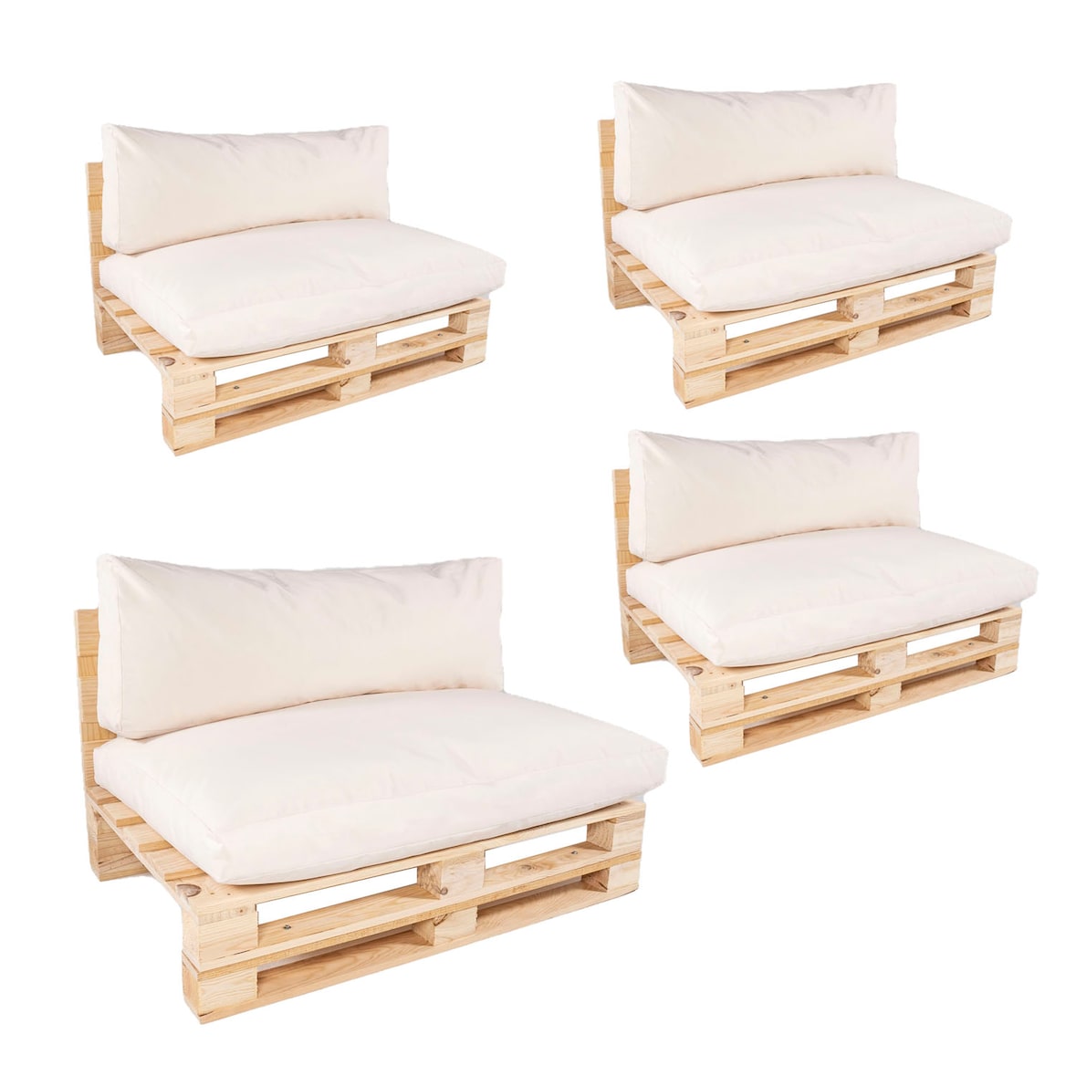 Pack 4 sofás Palet con cojines para exterior,  de pino nuevo , Poliéster 180 gr, Color Beige, 120x80x70