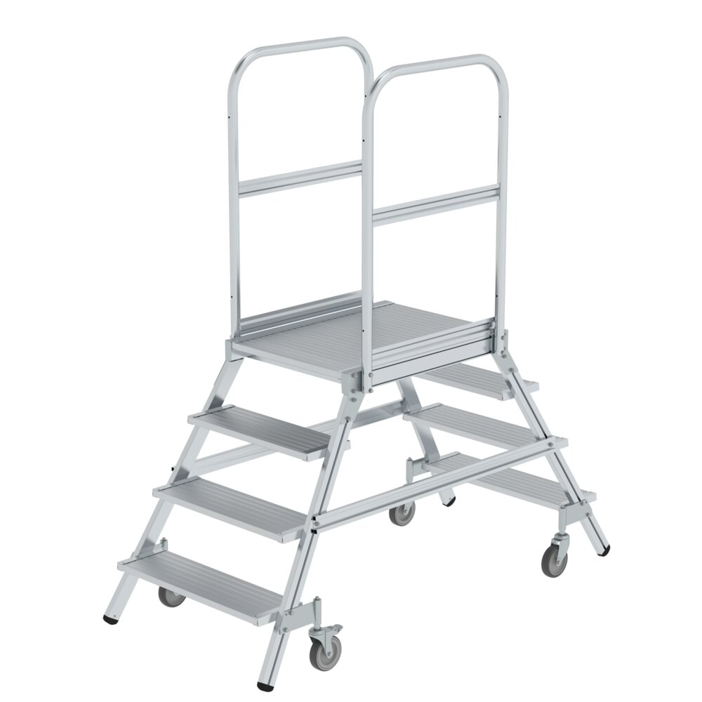 PROREGAL Podesttreppe beidseitig begehbar mit Federrollen | Aluminium geriffelt | 4 Stufen | Rutschsichere Leiterschuhe