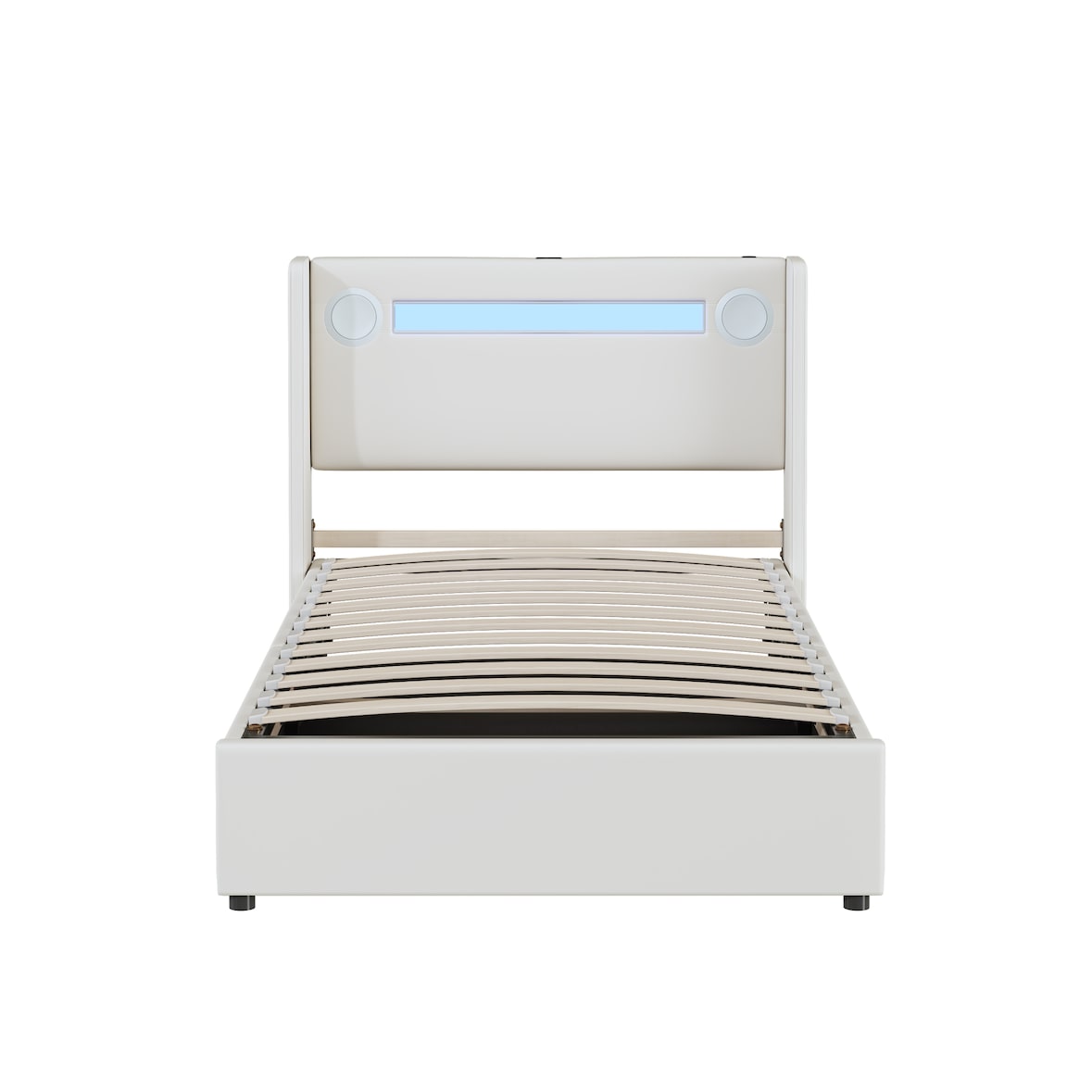 Merax Polsterbett 90x200 Bett mit LED-Lichtleiste, Bluetooth-Player und USB-Aufladung, PU-Leder-Aufbewahrungsbett, Weiß