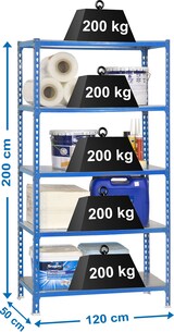 thumbnail of SimonRack Estantería Metálica, 2000x1200x500 mm, 5 Alturas, Bandeja Metal, 200 kg de Punto Flexión, Azul/Galva - Simonclick