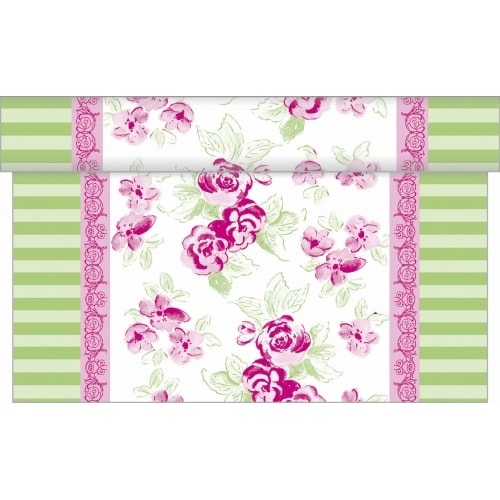Sovie HOME Tischläufer Country Line in Rosa-Grün aus Linclass® Airlaid 40 cm x 4,80 m, 1 Stück - Streifen Ornamente Rosen
