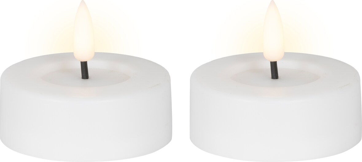 2 LED Teelichter 6,5x5cm Plastikkerzen Outdoorkerze Timer Flammenlose Teelichtkerzen Warmweiß Tischkerzen Dekokerzen Kerzen Timerfunktion Weiß
