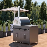 thumbnail of Cocina metálica exterior con 2 módulos de fregadero y horno de pizza