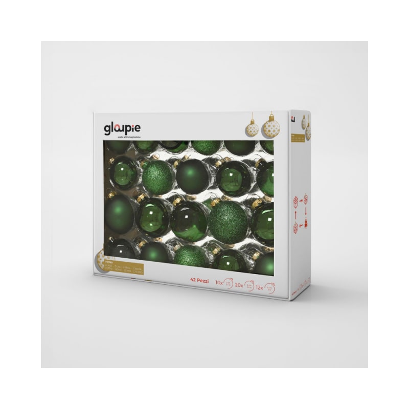 GLOUPIE Box 42 Palline Per Albero Di Natale In Vetro Resistente Verde, 3 Misure Ø 7, 6, 5 cm, In Diverse Finiture Color Verde