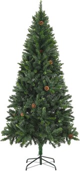 Ein grüner Weihnachtsbaum mit Zapfen.