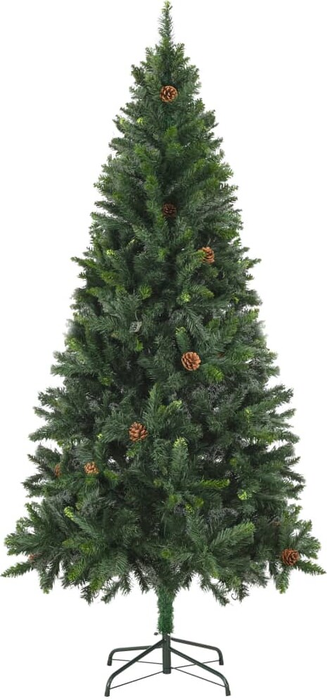 Ein grüner Weihnachtsbaum mit Zapfen.
