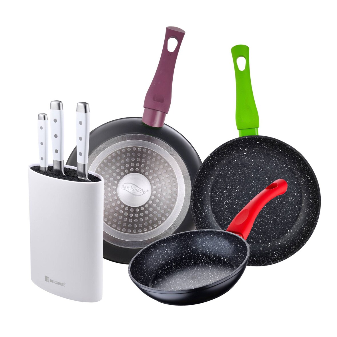 Bergner - Set di 3 padelle Ø18/22/26 cm in alluminio forgiato Jolie, adatte per induzione, con set di 3 coltelli in acciaio inox e Tacoma