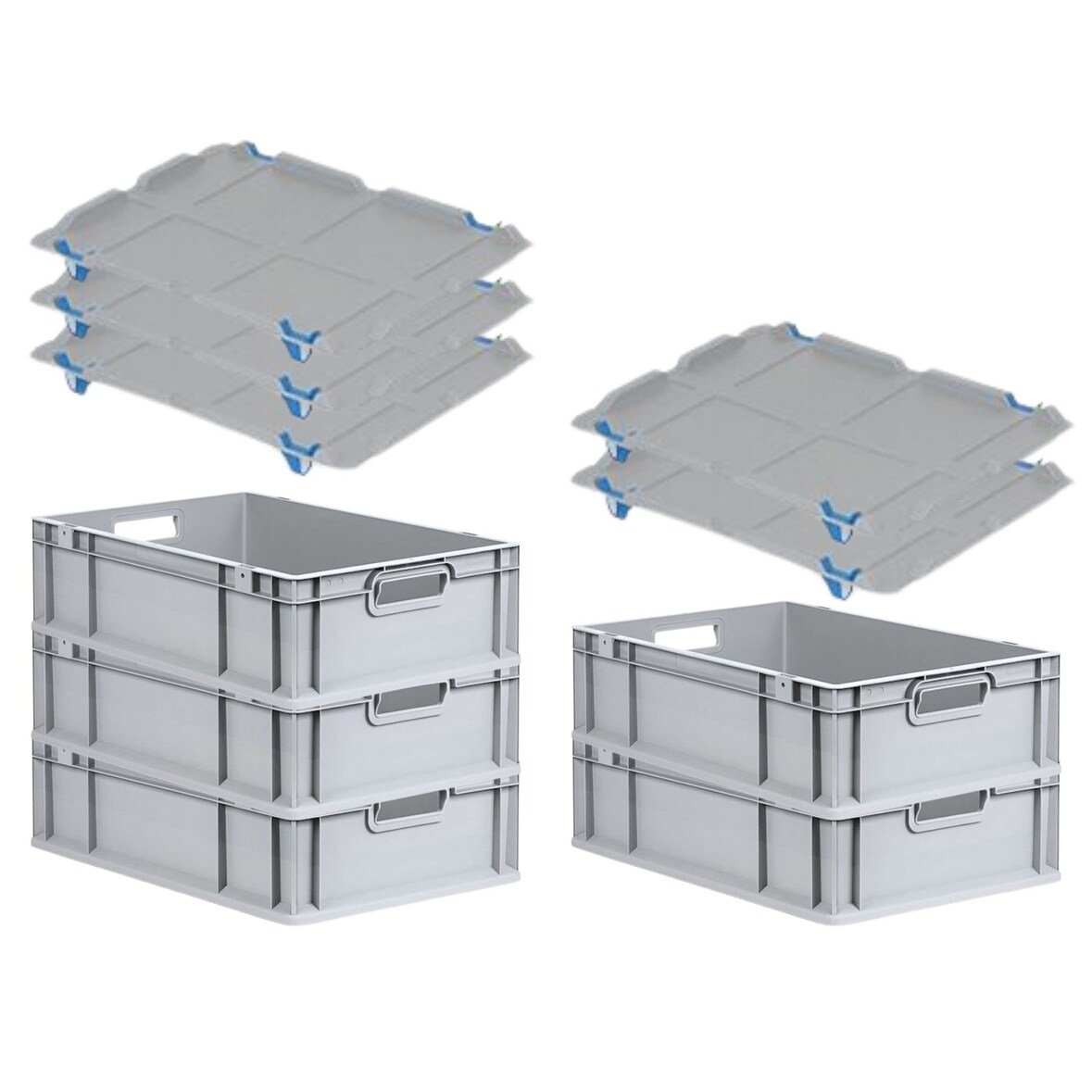 PROREGAL SuperSparSet 5x Eurobox NextGen Economy mit Auflagedeckel & 4x Verschlüsse Blau, Griffe offen, HxBxT 17x40x60cm, 34L, Eurobehälter, Box