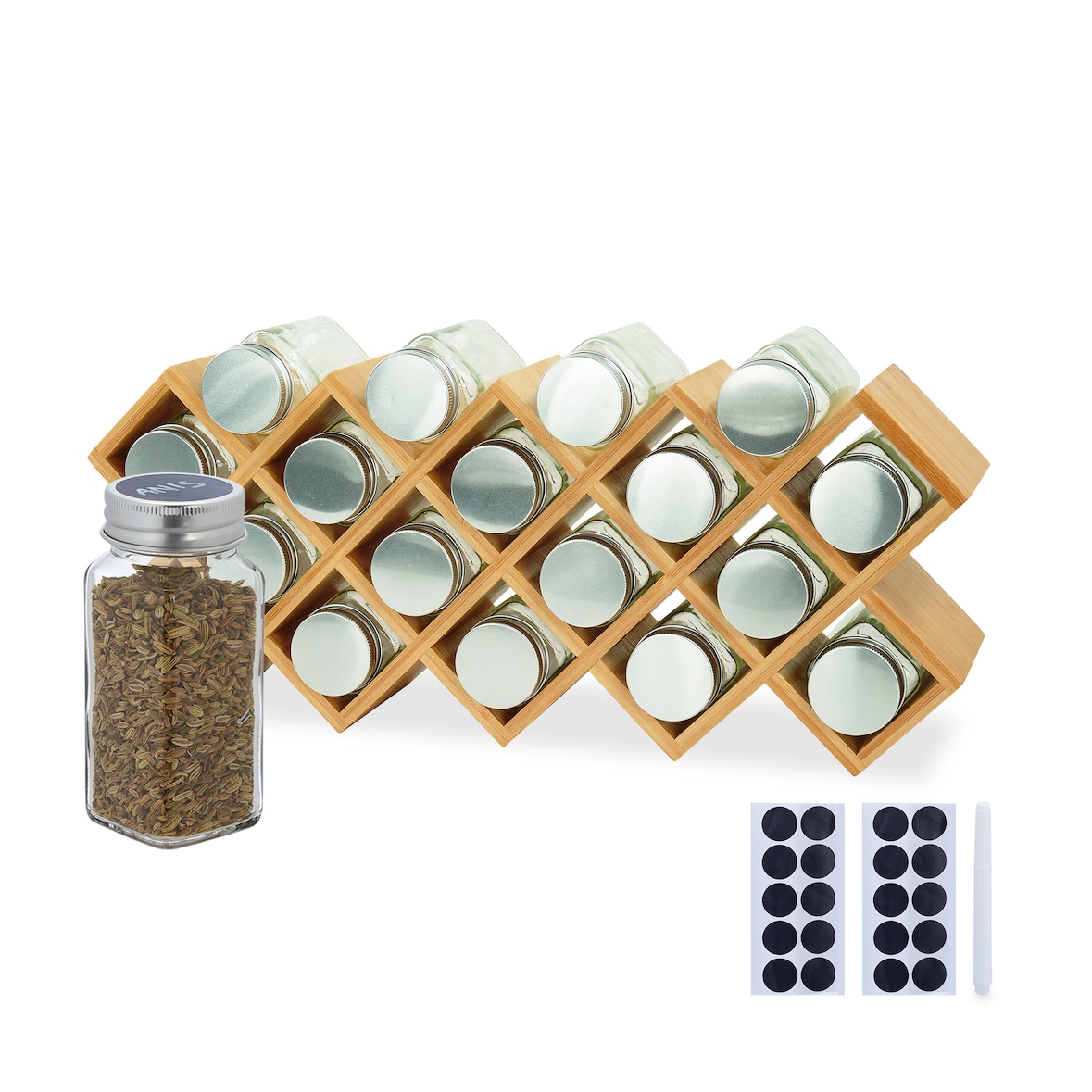 Relaxdays Gewürzregal Bambus, HBT: 18 x 43 x 9,5 cm, Gläser, Etiketten, Stift, Gewürzständer Arbeitsplatte, Küche, natur