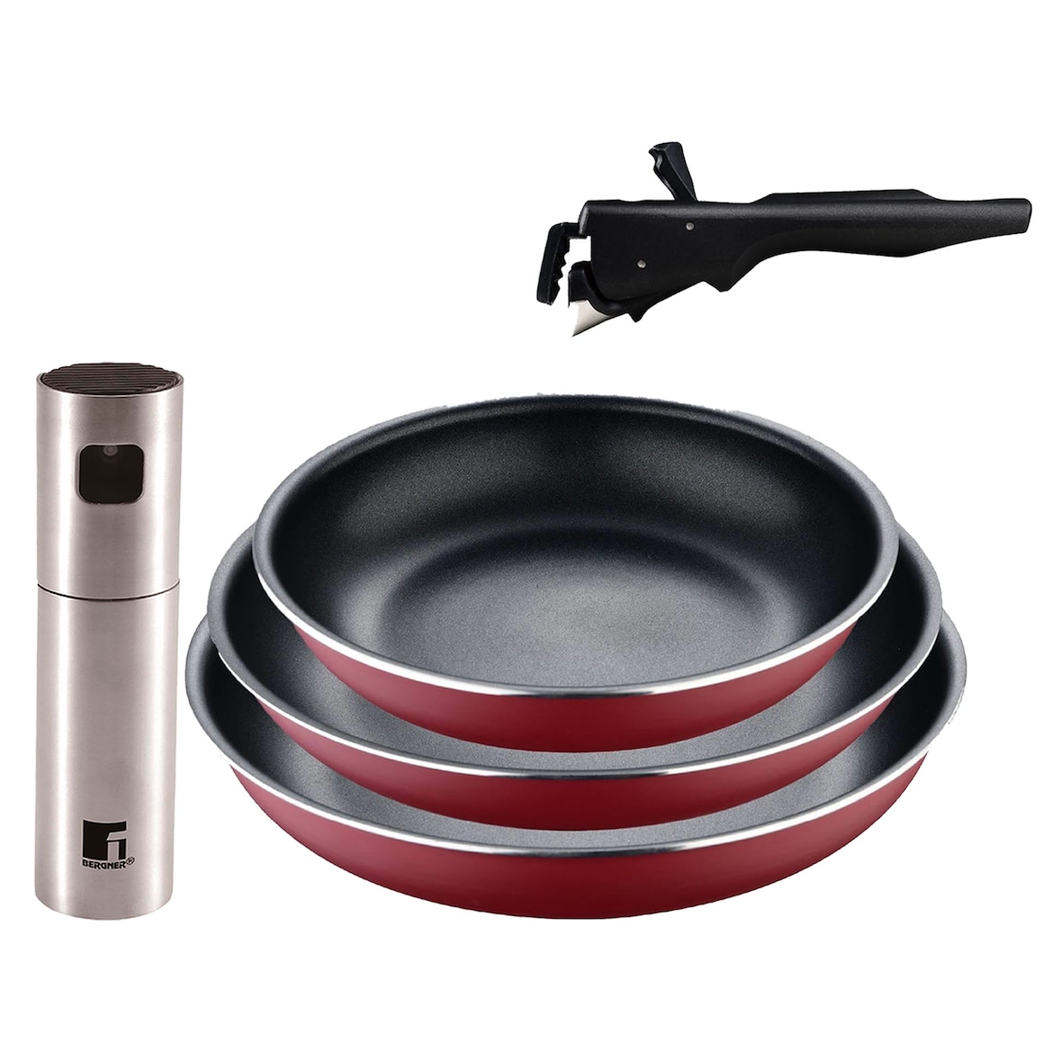 BERGNER - juego de 3 Sartenes Ø18/20/24cm Aluminio prensado rojo con Mango extraíble con Pulverizador de Aceite/Vinagre Ø4x17,5cm en Acero Inoxidable