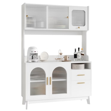 Merax Buffetkast 120 x 40 x 178 cm, witte keuken- en vitrinekast met acrylfront, stopcontacten, USB-A/USB-C