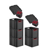 thumbnail of PROREGAL SparSet 5x Eurobox NextGen Color mit Auflagedeckel & Verschlüsse, HxBxT 32x30x40cm, 30L, Schwarz, Griffe rot offen, Eurobehälter