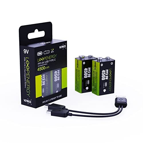 Verico LoopEnergy 9V Block 2er Pack, PP3, 4500 mWh, Wiederaufladbare USB-C Batterie, Li-Ion Akku, 1 Ladekabel USB Type A auf 2 x Type C