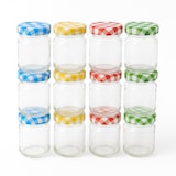thumbnail of 80 ML - Set van 12 Mini Glazen Potjes met Geruite Deksels – Ø 5 × H 7 cm – Bewaar-, Inmaak- & Cadeaupotjes