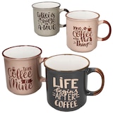 thumbnail of 4er Set XL Kaffeebecher 700ml Jumbobecher Steingut Sprüche Rosa Braun Grau