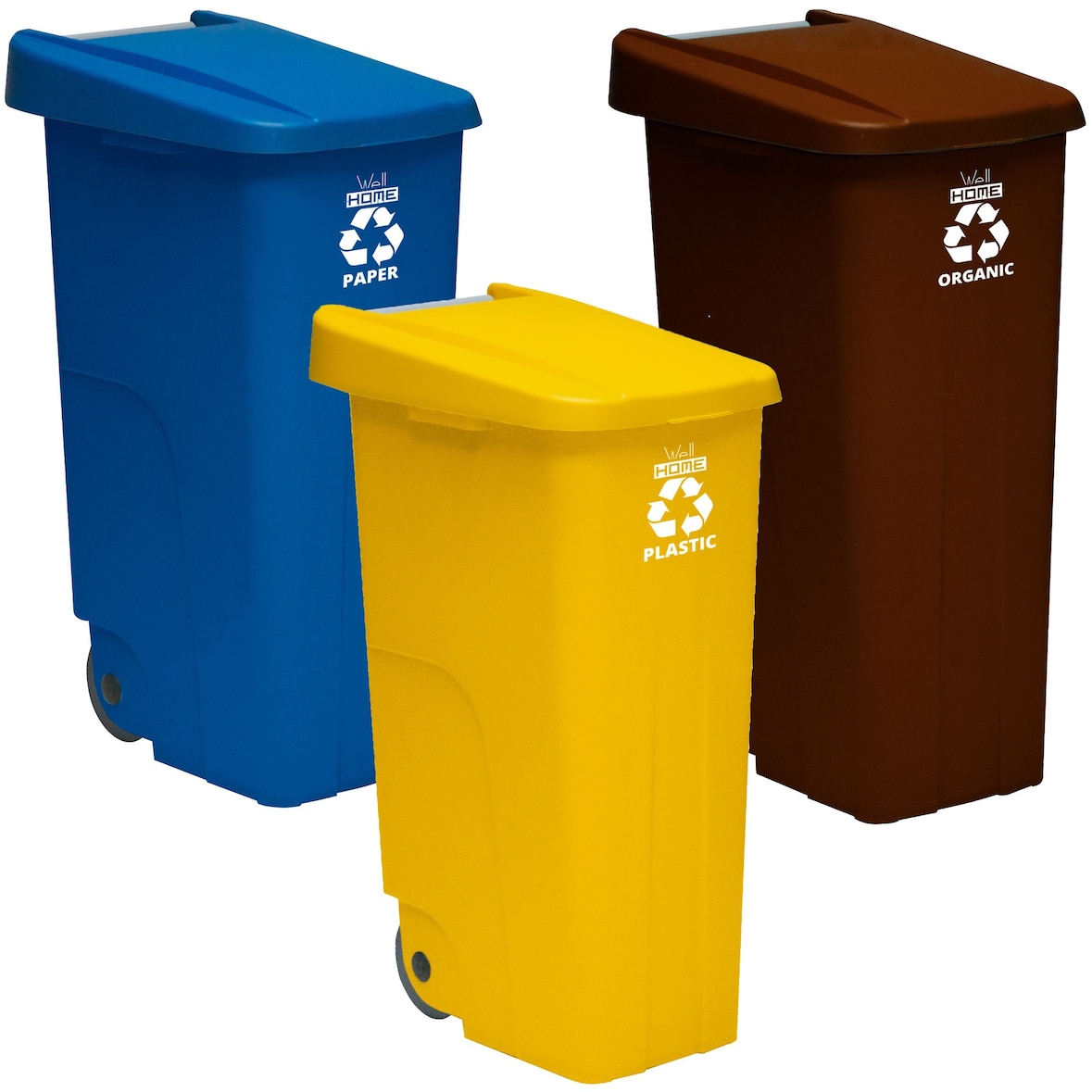 WellHome - Pack 3 Caixotes do lixo 110L Ideais para Reciclagem, Azul, Castanho e Amarelo