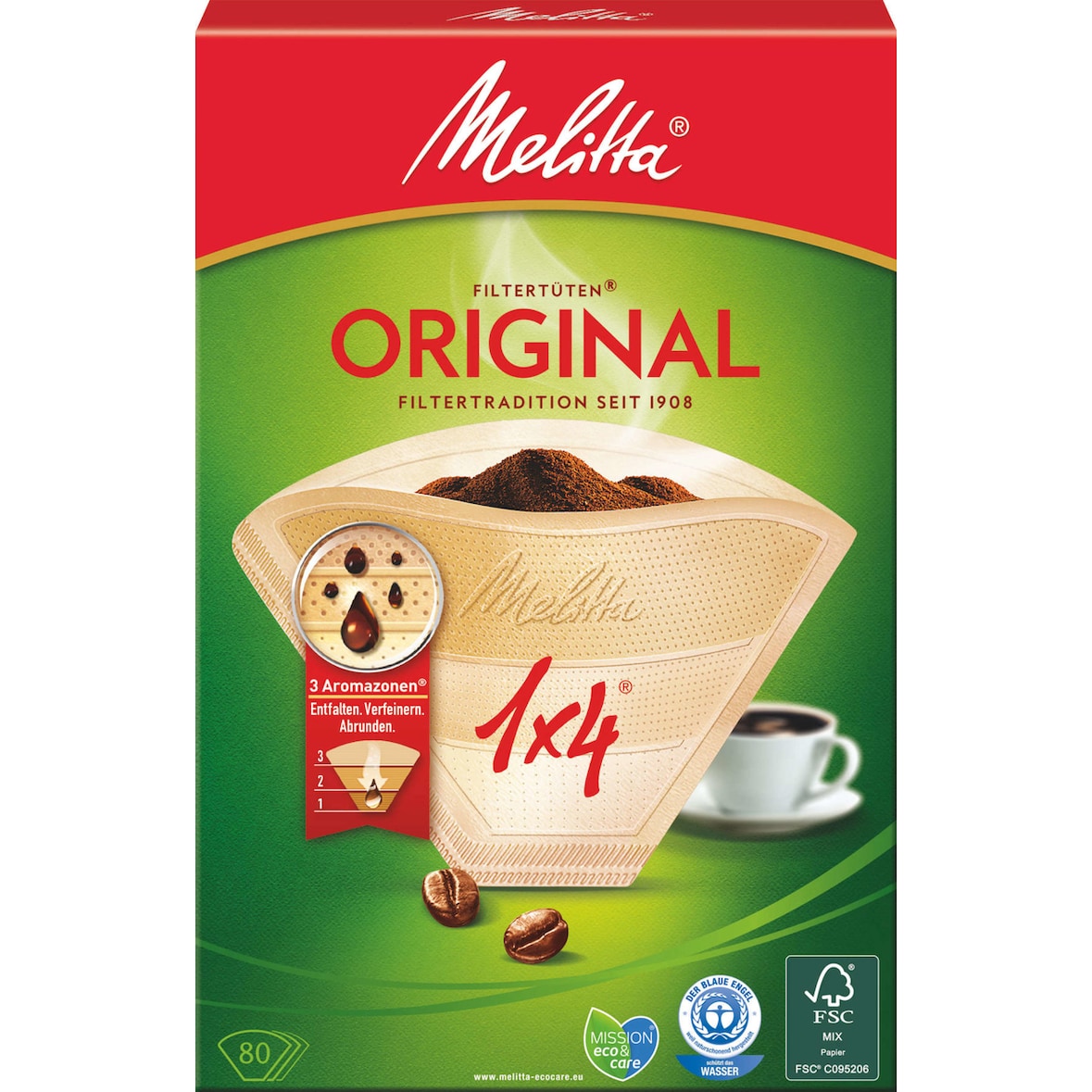 Melitta Filtertüten, mit 3 Aromenzonen, Aroma 1 x 4, naturbraun, 80 Stück