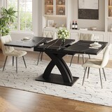 thumbnail of Ausziehbarer Esstisch 160x80x76  Schwarz mit schwarz weißer Musterplatte X Querstreben Metallauszug MDF Tischplatte für Küche Wohnzimmer Balkon