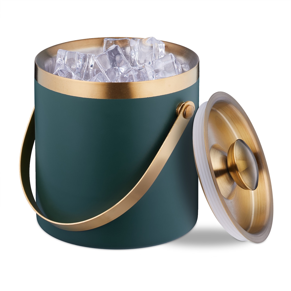 Relaxdays Eiswürfelbehälter, Edelstahl, doppelwandig, Eiseimer mit Deckel & Henkel, 1,5 l, Eiswürfelkübel, grün/gold