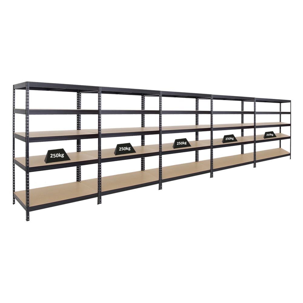 PROREGAL Mega Deal 5x Étagère charge lourde RIVET | HxLxP 180x120x60cm | 250kg par niveau | Noir | Lot d'étagères robustes de Garage Atelier Cave