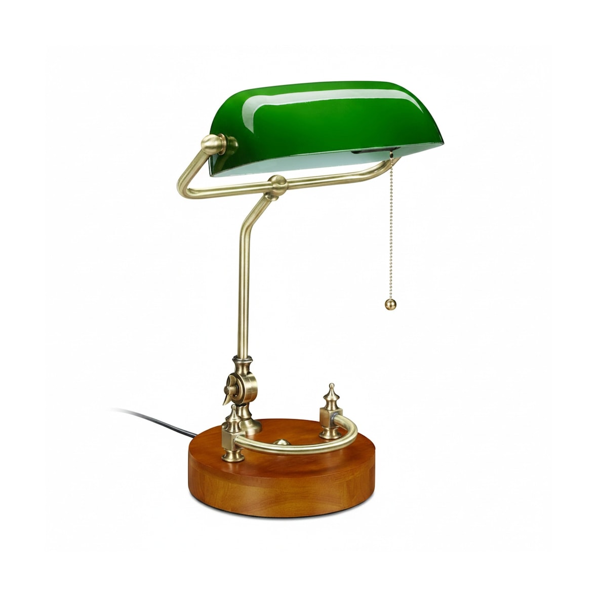 Relaxdays Bankerlampe mit Zugschalter, neigbarem Glasschirm & Holzfuß, Bankerleuchte E27, Schreibtischlampe Retro, grün