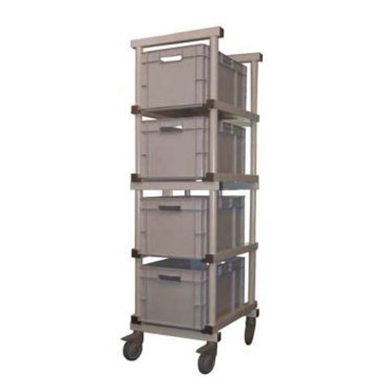 Carro porta bandejas plegable de 540 x 650 x 1710 mm. (h)  Para cajas o bandejas N.E. de hasta 320 mm. (h) 4 niveles GRIS, RUEDAS DE PP