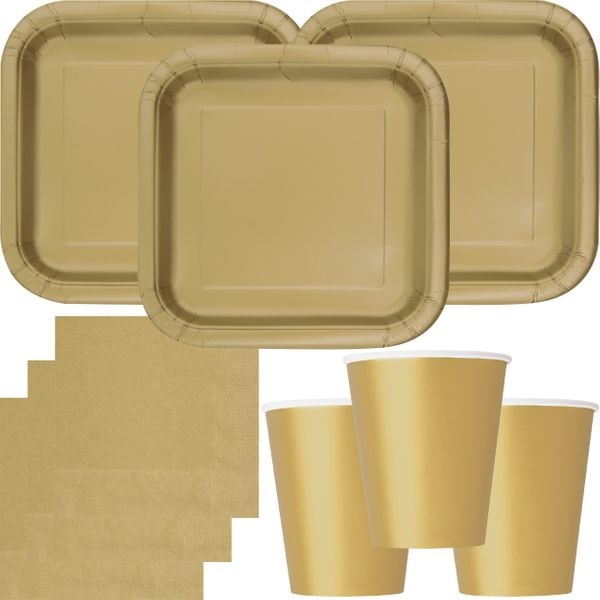 Party Deko Set gold Einweggeschirr für 14 Personen eckige Teller, Becher, Servietten