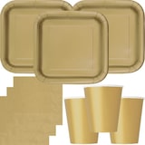 thumbnail of Party Deko Set gold Einweggeschirr für 14 Personen eckige Teller, Becher, Servietten