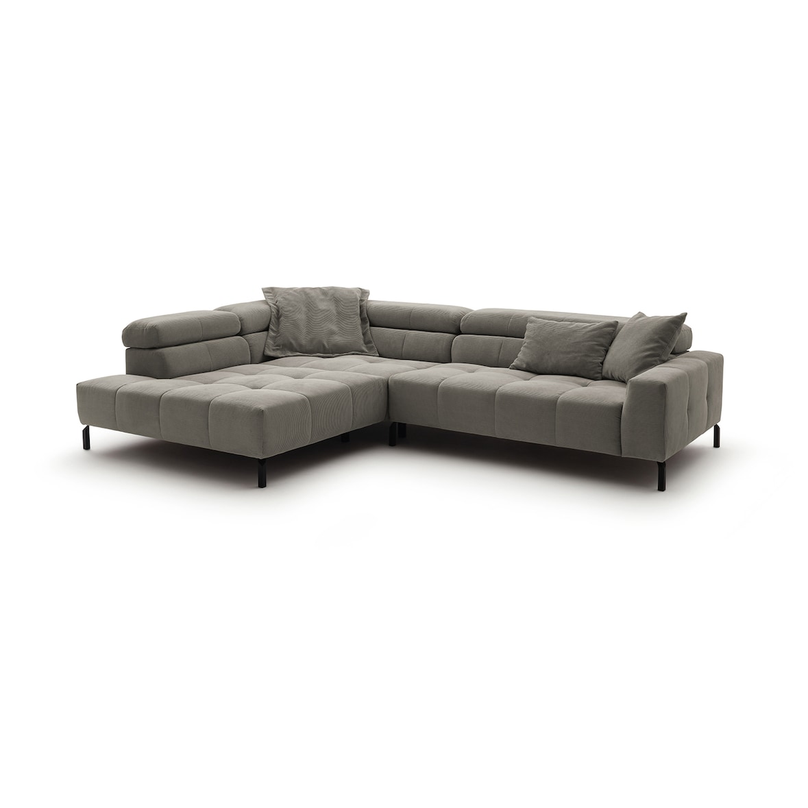 KAWOLA Sofá OHIO Sofá esquinero gris pana fina con extensión de asiento motorizada Recamiere izquierda