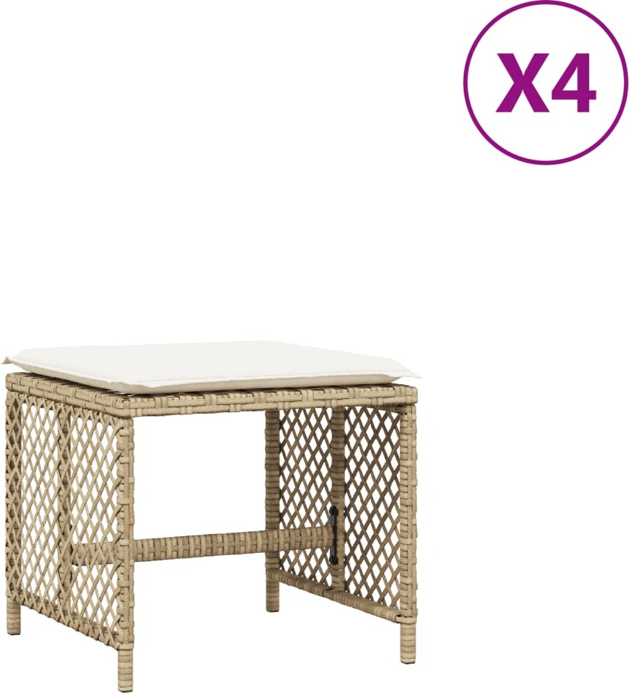vidaXL Gartenhocker mit Kissen 4 Stk., Hocker mit abnehmbarem waschbarem Bezug, Gartenstuhl mit Stahlrahmen, Sitzhocker Gartenmöbel, Beige Poly Rattan