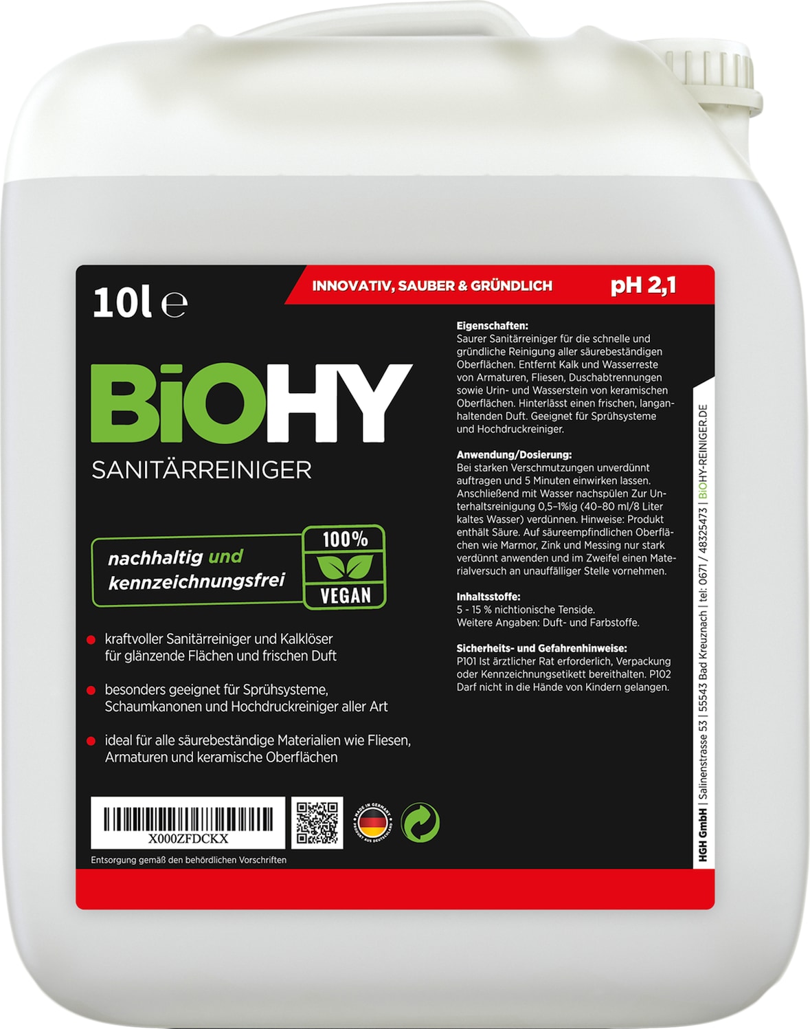 BiOHY Sanitärreiniger (10l Kanister) | Kalkzersetzendes Konzentrat für den Sanitärbereich | Badreiniger mit angenehme & frischen Duft | EXTRA STARK