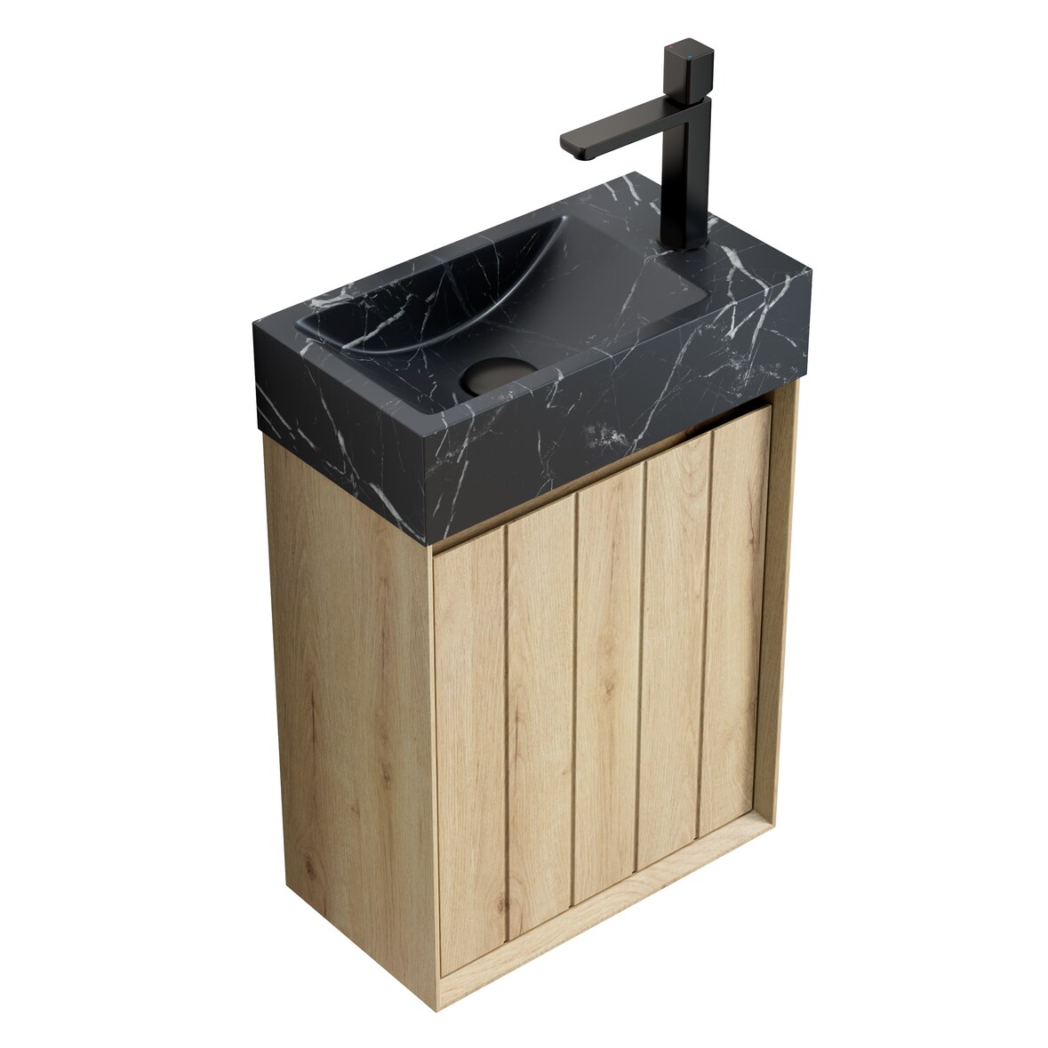 Waschtisch 58×40×22 cm mit Unterbauwaschbecken aus schwarzem Marmor und weißen Eiche Holzmaserungen, Vormontiert