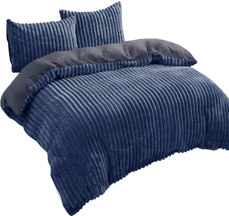 Leonado Vicenti Teddyplüsch Bettwäsche Set 200x200 cm Dunkelblau Cord Optik mit Reißverschluss Wendeseite