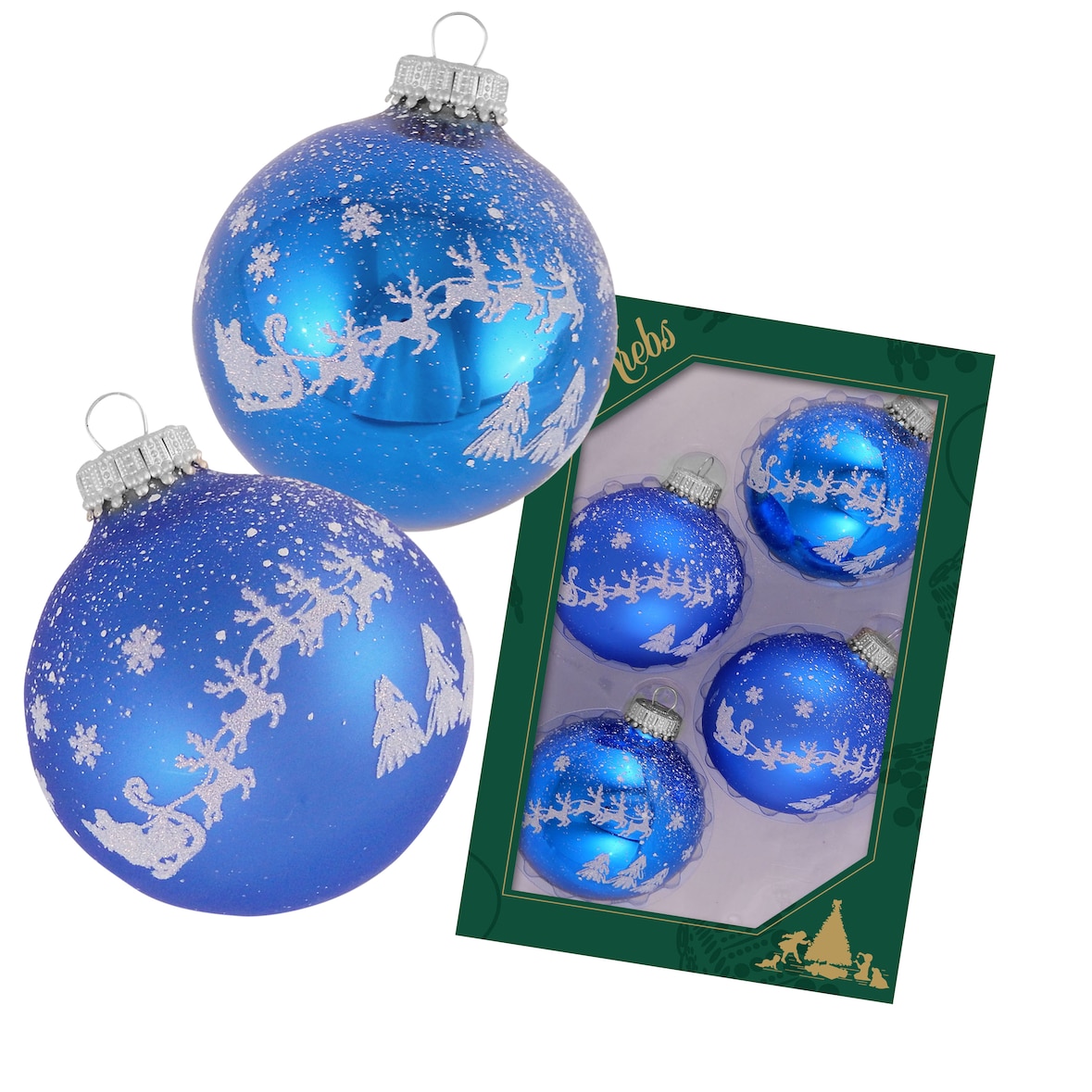 Klassische blau glänzend / matte 7cm Glaskugel mit weißem Druck Santa mit seinen Rentieren