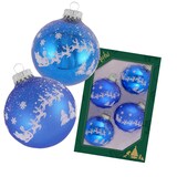 thumbnail of Klassische blau glänzend / matte 7cm Glaskugel mit weißem Druck Santa mit seinen Rentieren