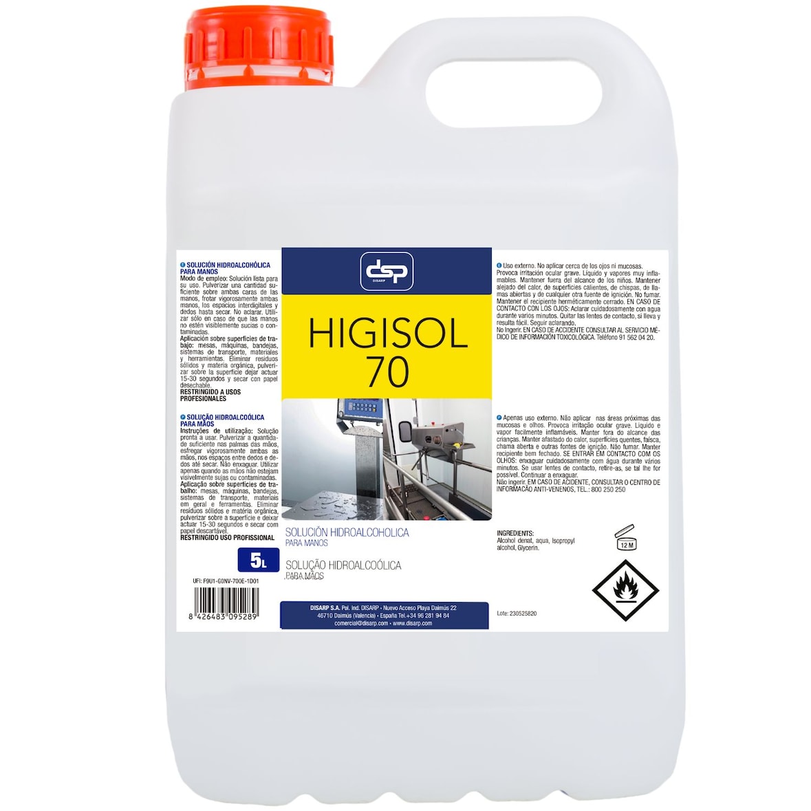 Solución higienízate hidroalcohólica de secado instantáneo antibacterias formato 5 Litros HIGISOL 70