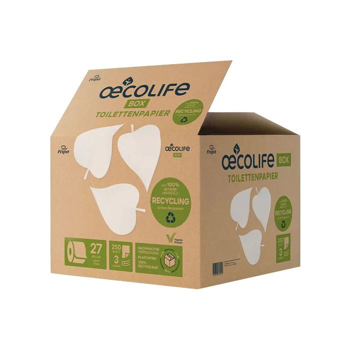 oecolife Toilettenpapier Box RECYCLING, Großpackung, 3-lagig, 27 Rollen, plastikfrei