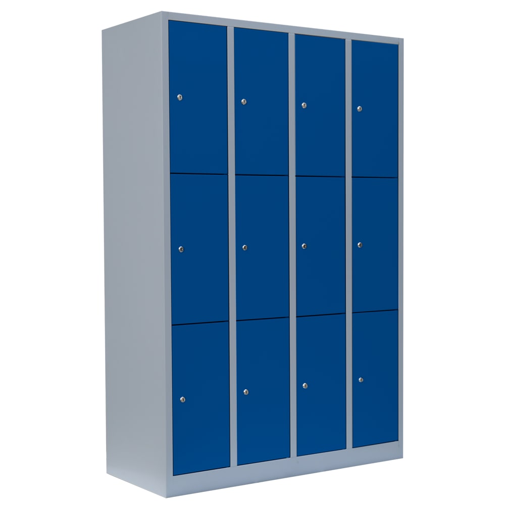 Lüllmann® Schließfachschrank, 4 Abteile, 12 Fächer, 1800 x 1170 x 500 mm, lichtgrau/enzianblau