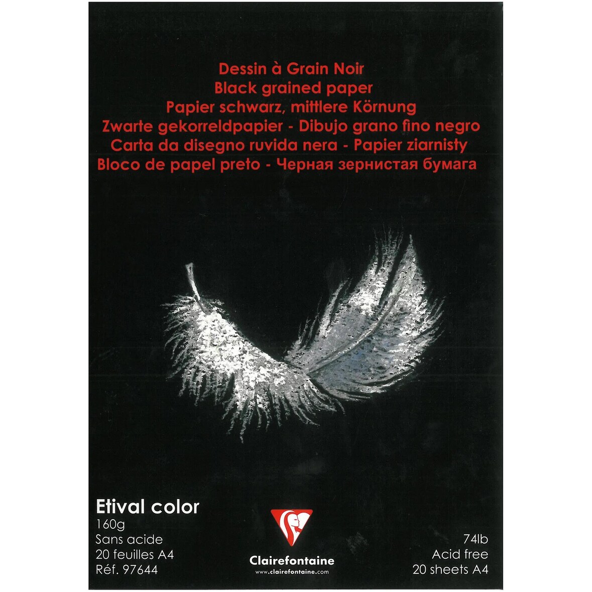 Clairefontaine 5x Etival Color, schwarzes Zeichenpapier A4, Block mit 20 Blatt 160g - Schwarz 97644C