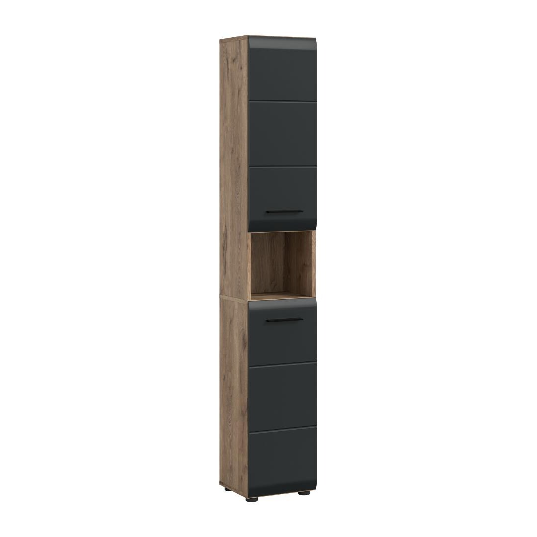 Ice Hochschrank Bad 2 Türen, 1 Regal Schwarz matt, Eiche Dekor.