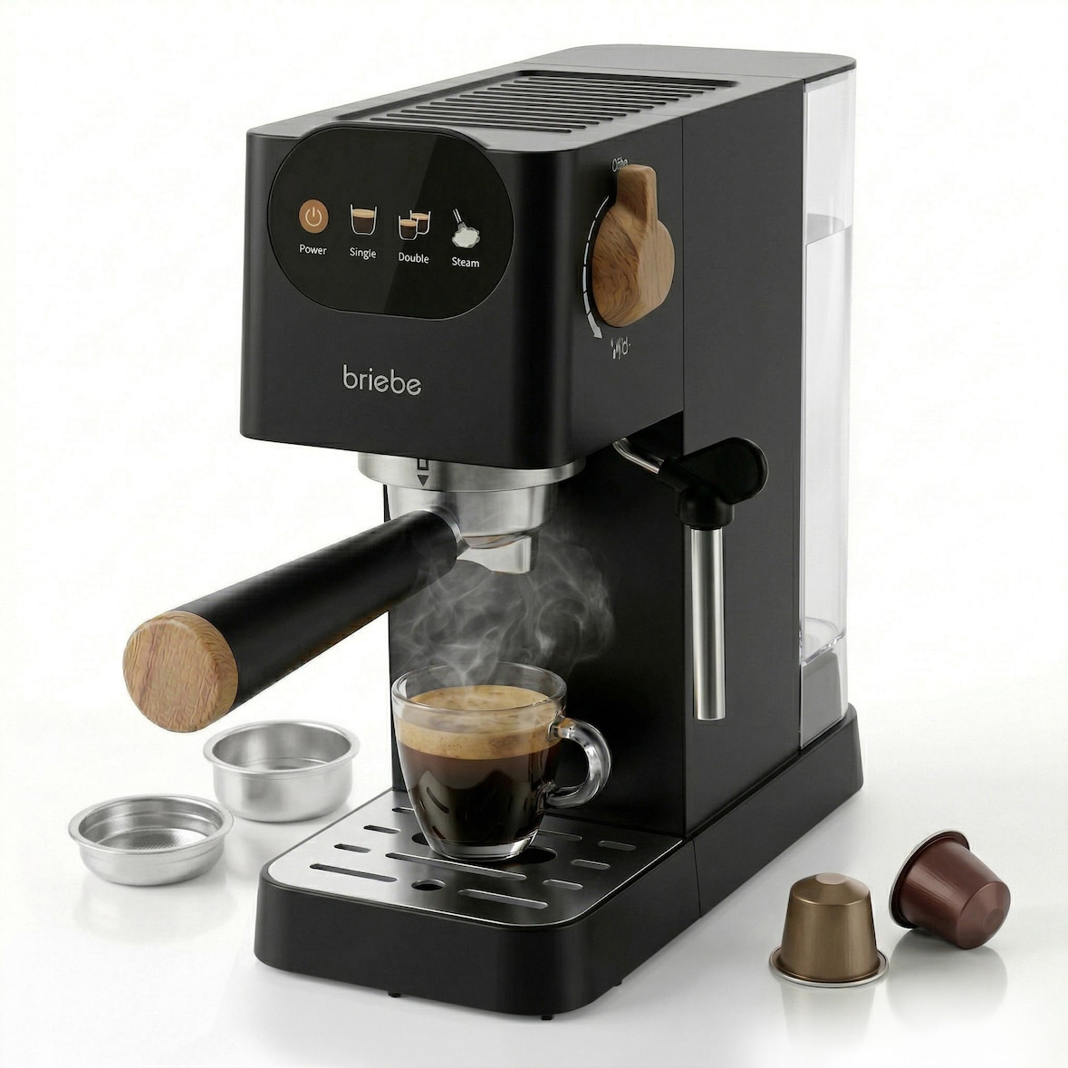 Cafetera Espresso 20 Bares Compatible Cápsulas Nespresso y Café Molido Espumador Leche, Briebe, Nordic, EC1180BLK, Negro