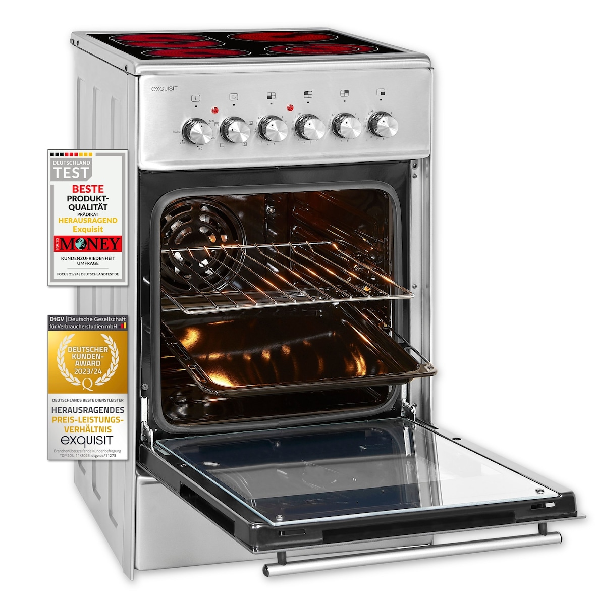 Exquisit ECM 5-4 Elektro-Standherd, Glaskeramik, 46 L Backofenvolume,  Bräterzone